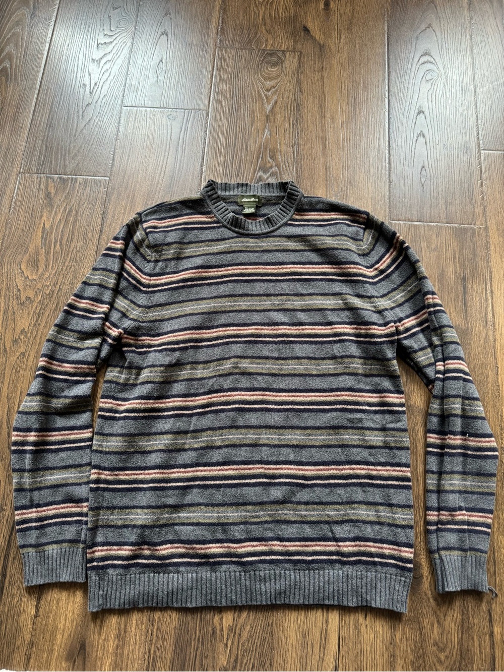 Eddie Bauer Gray Crewneck Sweater with Pink and Cream Stripes